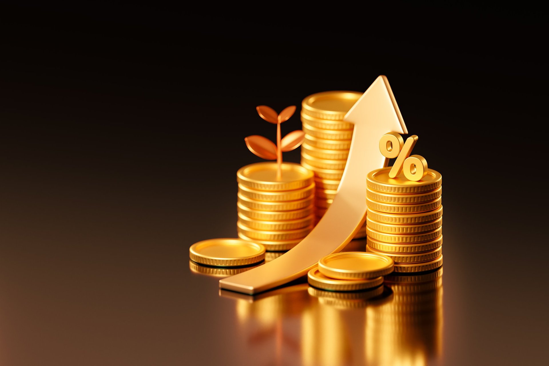 Realistic 3D gold coin stack symbolizing return on investment profit and financial growth